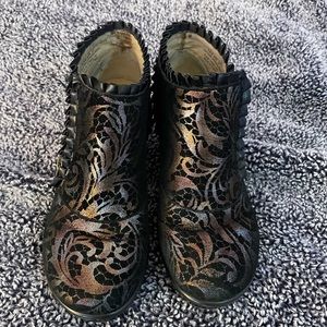 Algeria multi-colored, zipper ankle boots, with black ruffle.